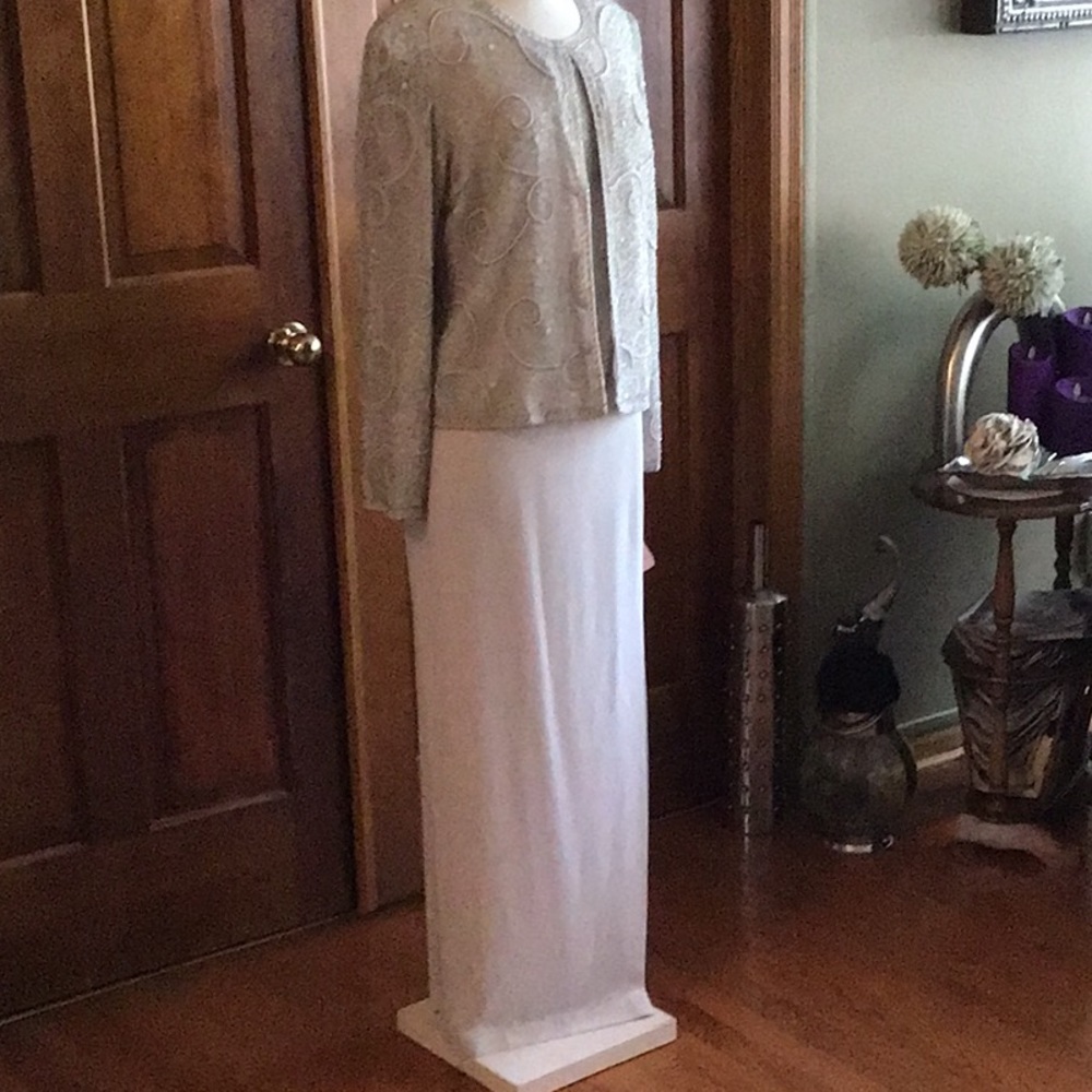 3 piece dress.   Beaded top and jacket, straight skirt with slit.